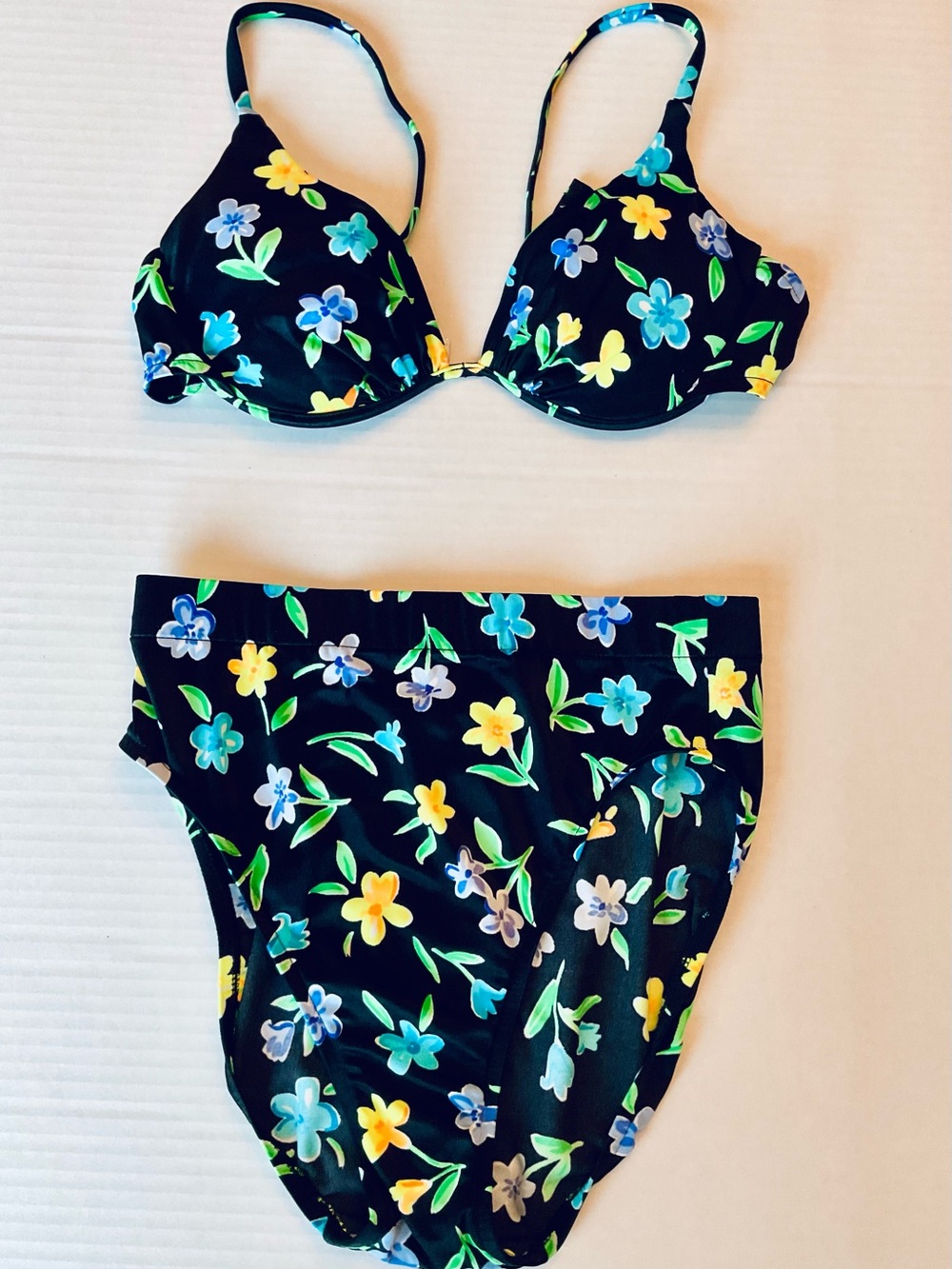 Catalina Floral Two-Piece Bikini Set in Black with Blue /Yellow Flowers Sz M/L